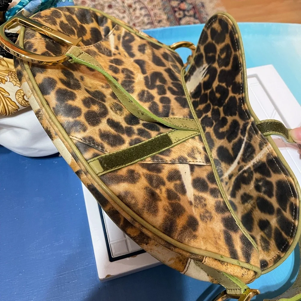 Dior Canvas & Ostrich Leather Leopard Print Saddle Bag - Picture 12 of 17